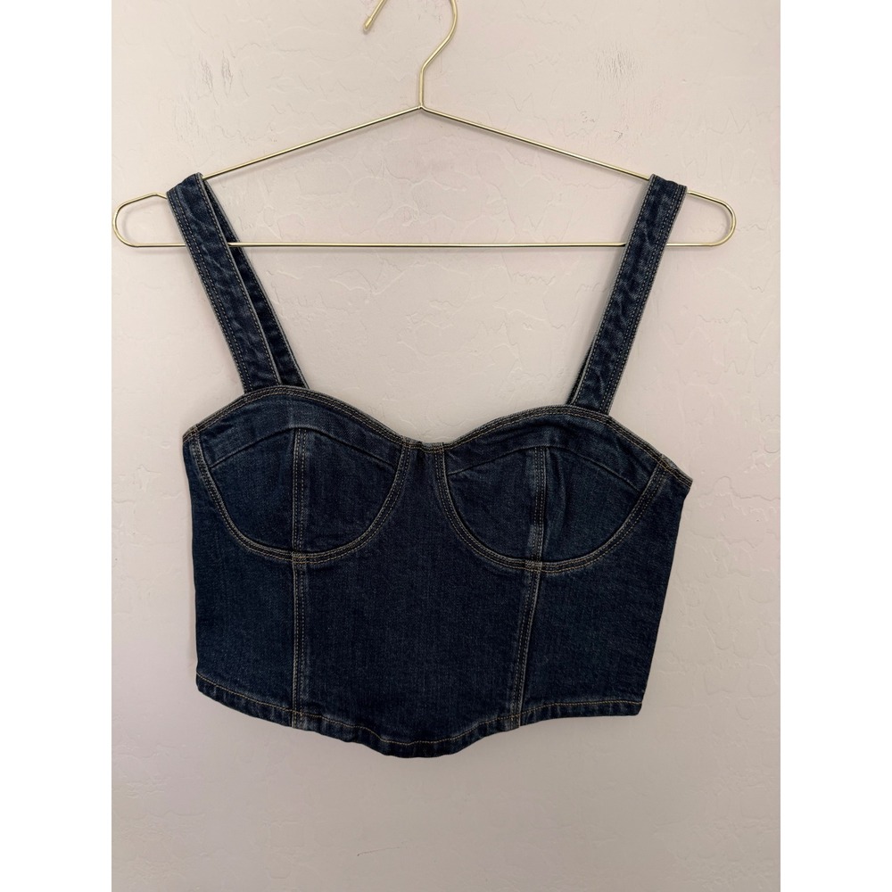 PAIGE Guilia Denim Crop Top Sketchbook Dark Blue Corset Western Bustier Sz 4 NWT